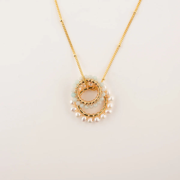 Double ring necklace in pearl & amanzonite ST